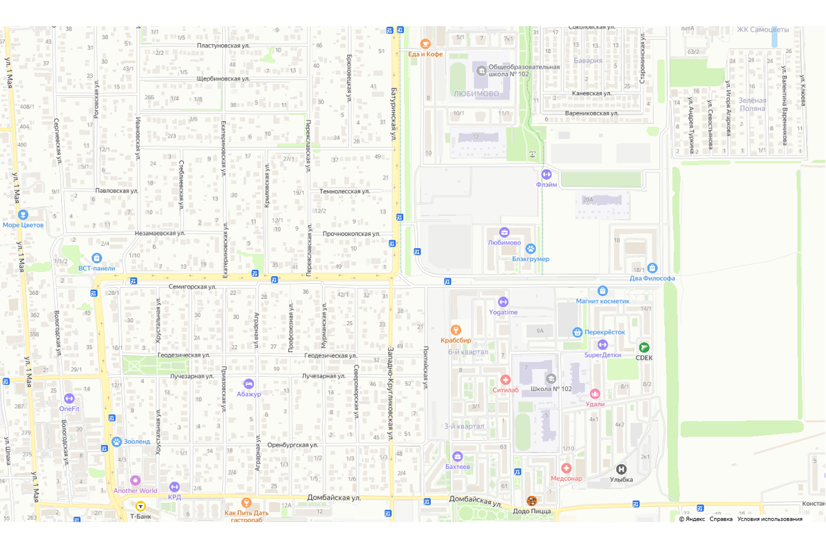 Схема проезда до школы № 102 и до филиала школы № 102 в микрорайоне Любимово города Краснодара.
